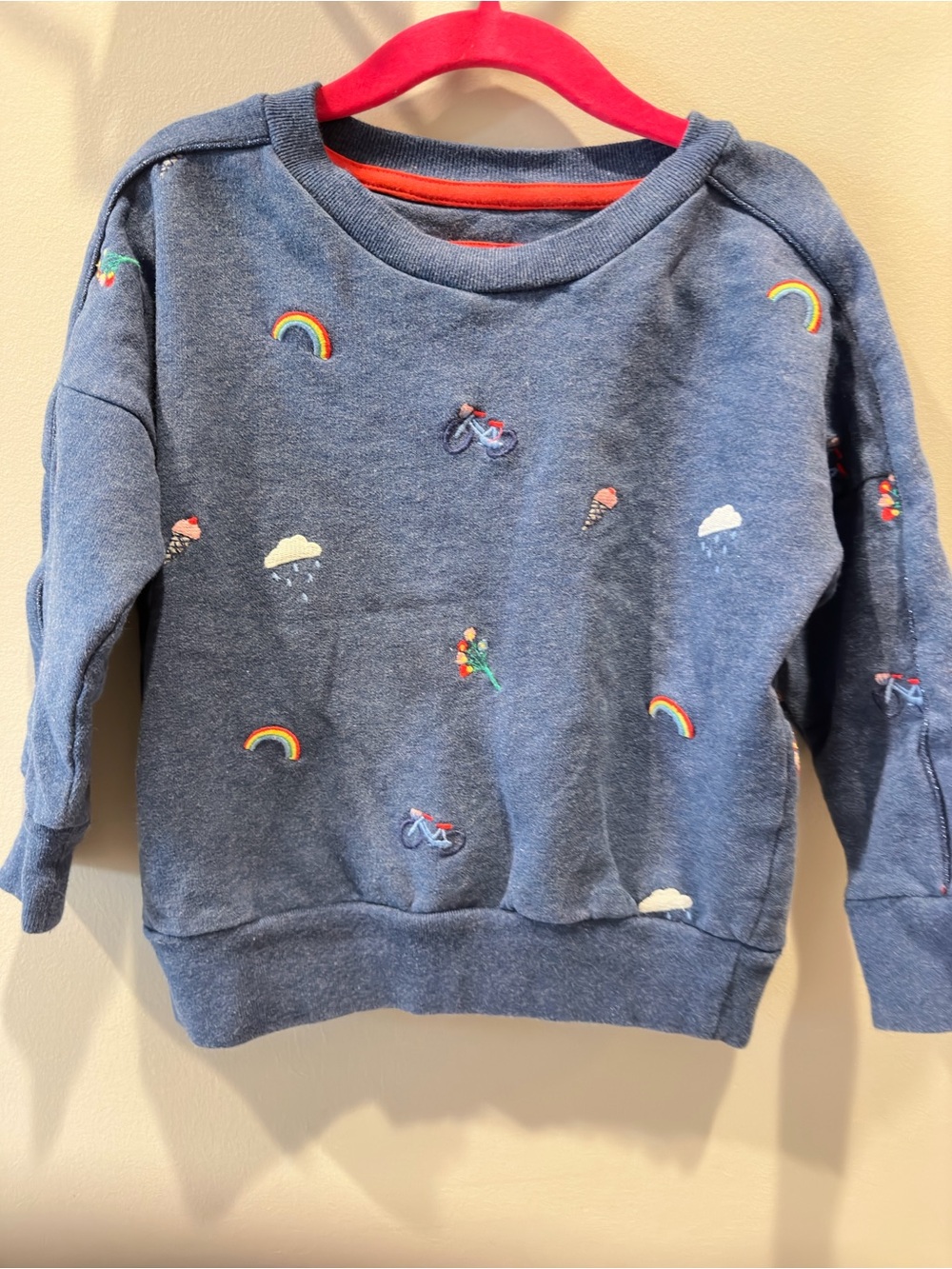 Mini Boden girls Cozy Blue Patterned Sweatshirt with Rainbows 2–3
